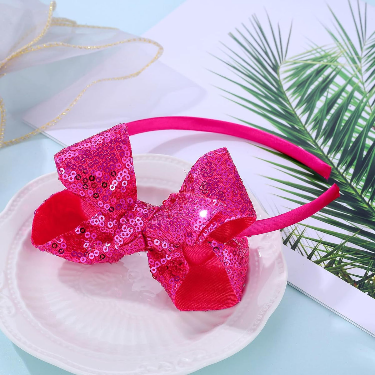 Sparkle Glitter Sequin Bow Headband for Children Girls- Boutique Style Hair Accessory with Bow Ribbon - 1 Piece (Hot Pink)