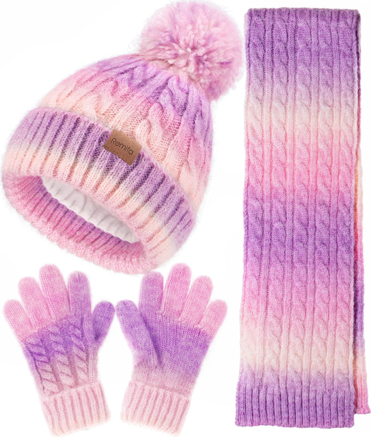 Remifa Kids Winter Hat Scarf Gloves Set, Girls Boys Toddler 8% Wool Warm Fleece Beanie Knit Neck Scarf Mittens Christmas Gift