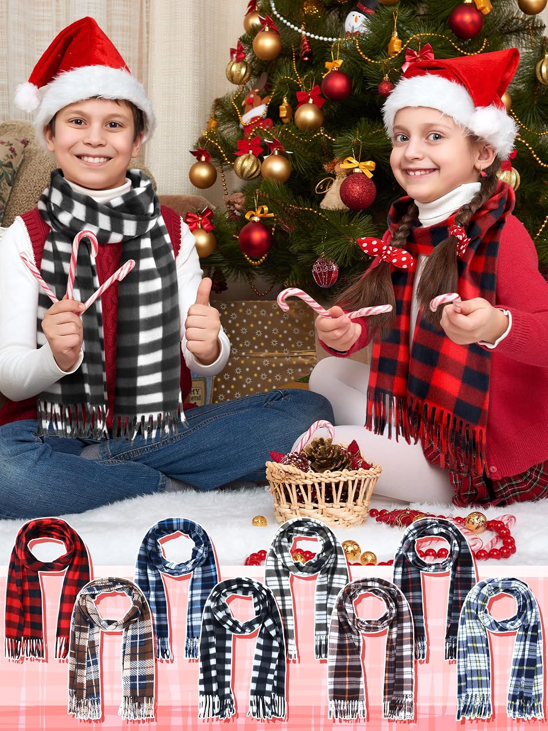 Fourluoo 8 Pcs Kids Winter Scarf Buffalo Plaid Kids Scarves Christmas Warm Shawls Scarves Parent Child Scarf for Boys Girls
