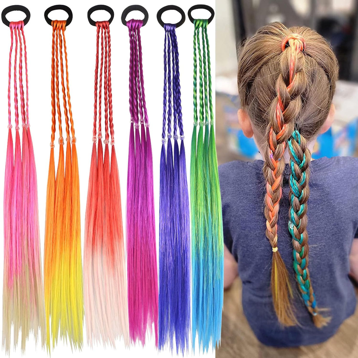 Kids Hair Accessories, Rainbow Braid Ponytail Extensions & Headbands