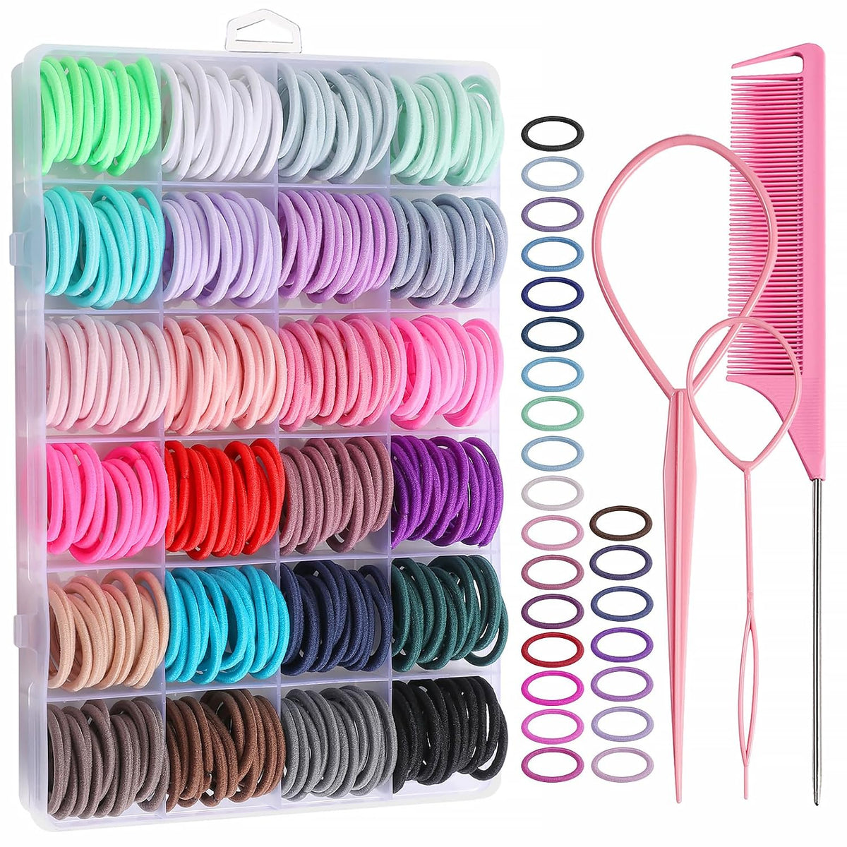 360PCS Hair Accessory Set: Elastic Ponytail Holders, Clear Organizer Box, Rat Tail Comb, 24 Colors for Kids, Toddlers, and Girls