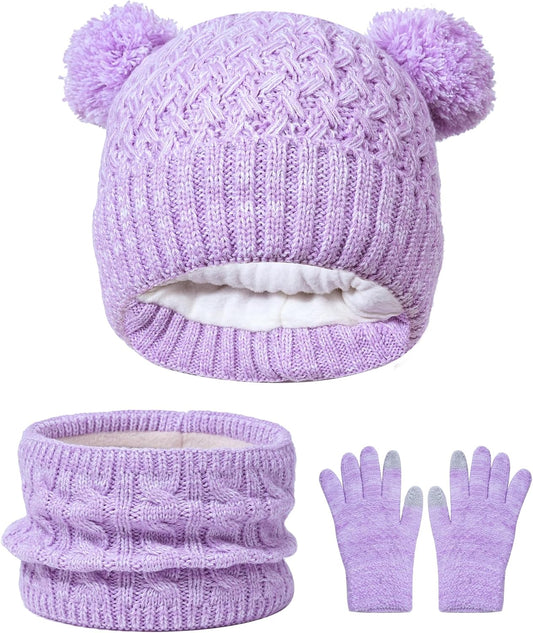 Girls Winter Set,Kids 2-14 Beanie Cap Pom Neck Warmer Gaiter Fleece Lined