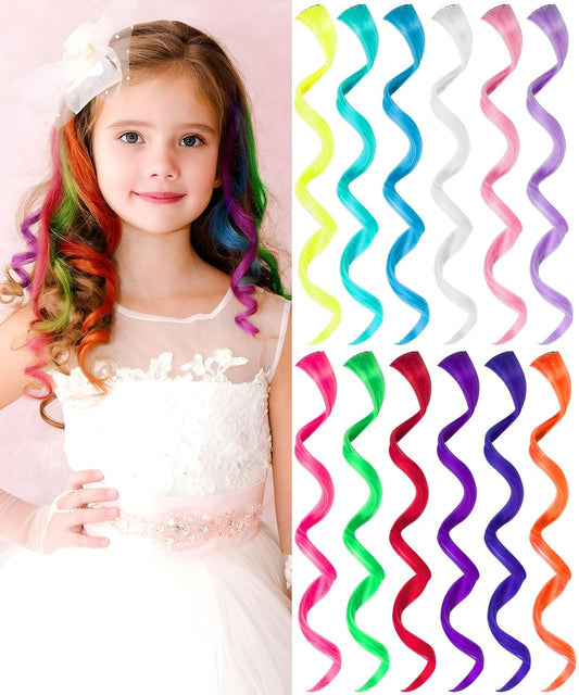 Colored Hair Extensions for Girls Kids, 12 Pcs Colorful Accessories