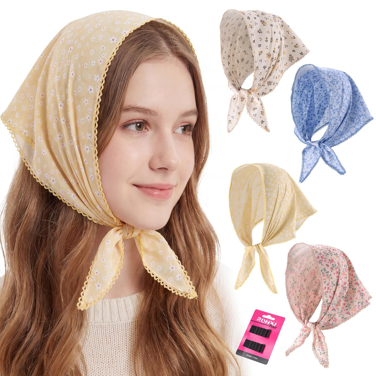 obeoby 4Pack Fall Floral Head Scarf for Girls, Triangular Bandana