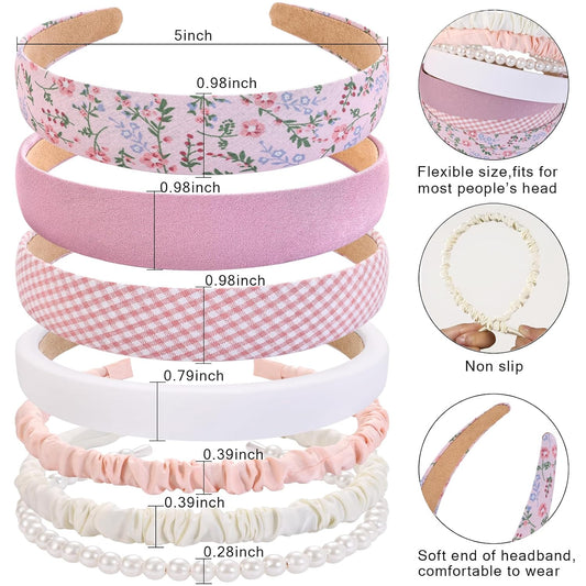 7 Pcs Headbands for Women Girls, Non Slip Cute Pearl Floral Padded Vintage Wide Fashion Multi-style Headbands for Girls