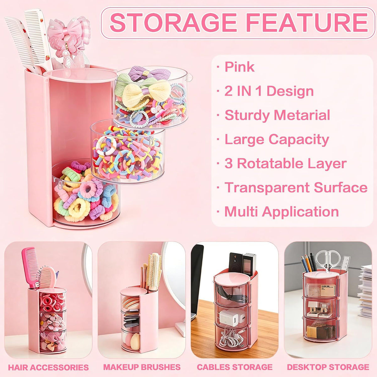 900Pcs Hair Accessories for Girls with 3-Tier Pink Organizers,Ties, Clips