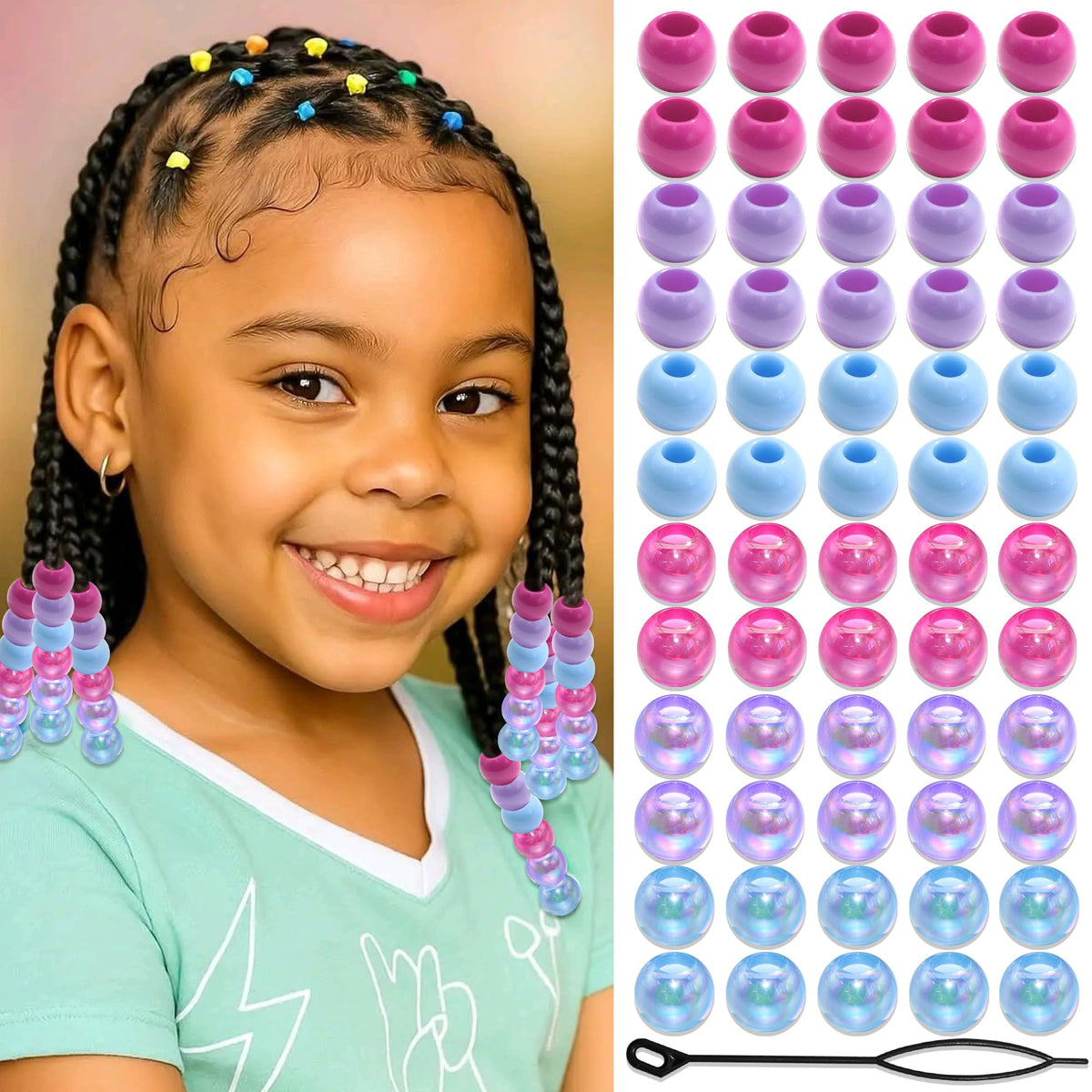 NAISKA 60PCS Blue Pink Hair Beads Purple Beads for Braids Iridescent Mermaid Dreadlock Pony Bead 3 Colors Loc Jewelry Summer Hair Accessories for Kids Girls