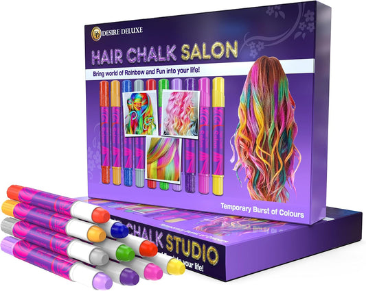 Desire Deluxe Girls Gifts Hair Chalk - 10 Temporary Washable Color Pens for Kids, Teenage, Make Up & Dress Up Colourful Styles Set Toy for Christmas, Birthday, Halloween Accessories, Party Activities