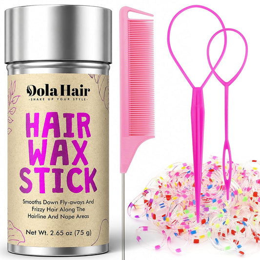 Dolahair Hair Wax Stick & Accessories - Flyaway Control for Kids & Women, 50 Pcs Colorful Elastic Hair Bands, 1 Pcs Slick Back Hair Brush, 2 Hair Loop Styling Tools (Pink)
