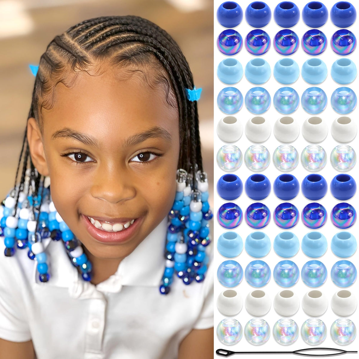 NAISKA 60PCS Blue Pink Hair Beads Purple Beads for Braids Iridescent Mermaid Dreadlock Pony Bead 3 Colors Loc Jewelry Summer Hair Accessories for Kids Girls