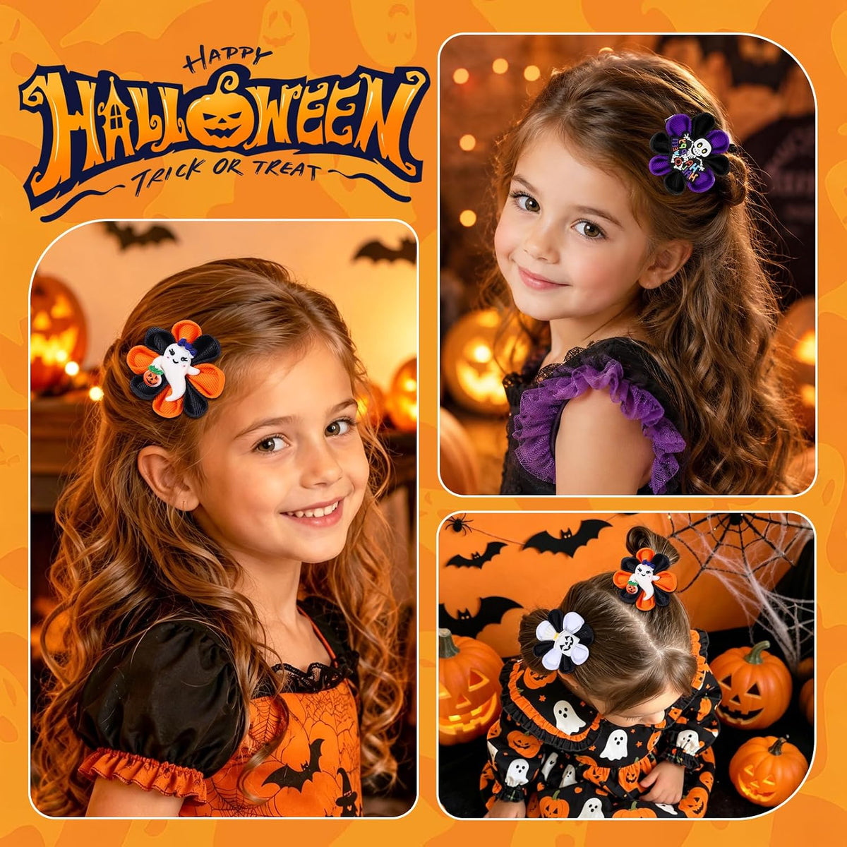 6PCS Halloween Hair Bows for Girls, Pumpkin Ghost Flower Hair Clips