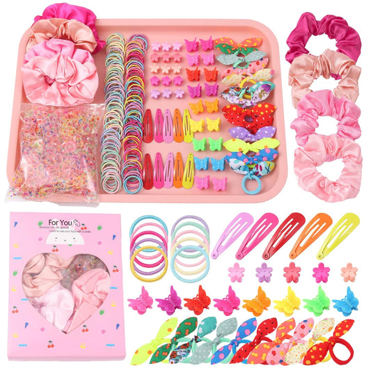 Rosvia Hair Accessories Set for Girls,Toddler Colorful Elastic Hair Ties with Gift Box 505PCS, Cute Rabbit Ear Hair Ties, Mini Flower Claw Clips and Butterfly Hair Clips,Satin Silk Scrunchies