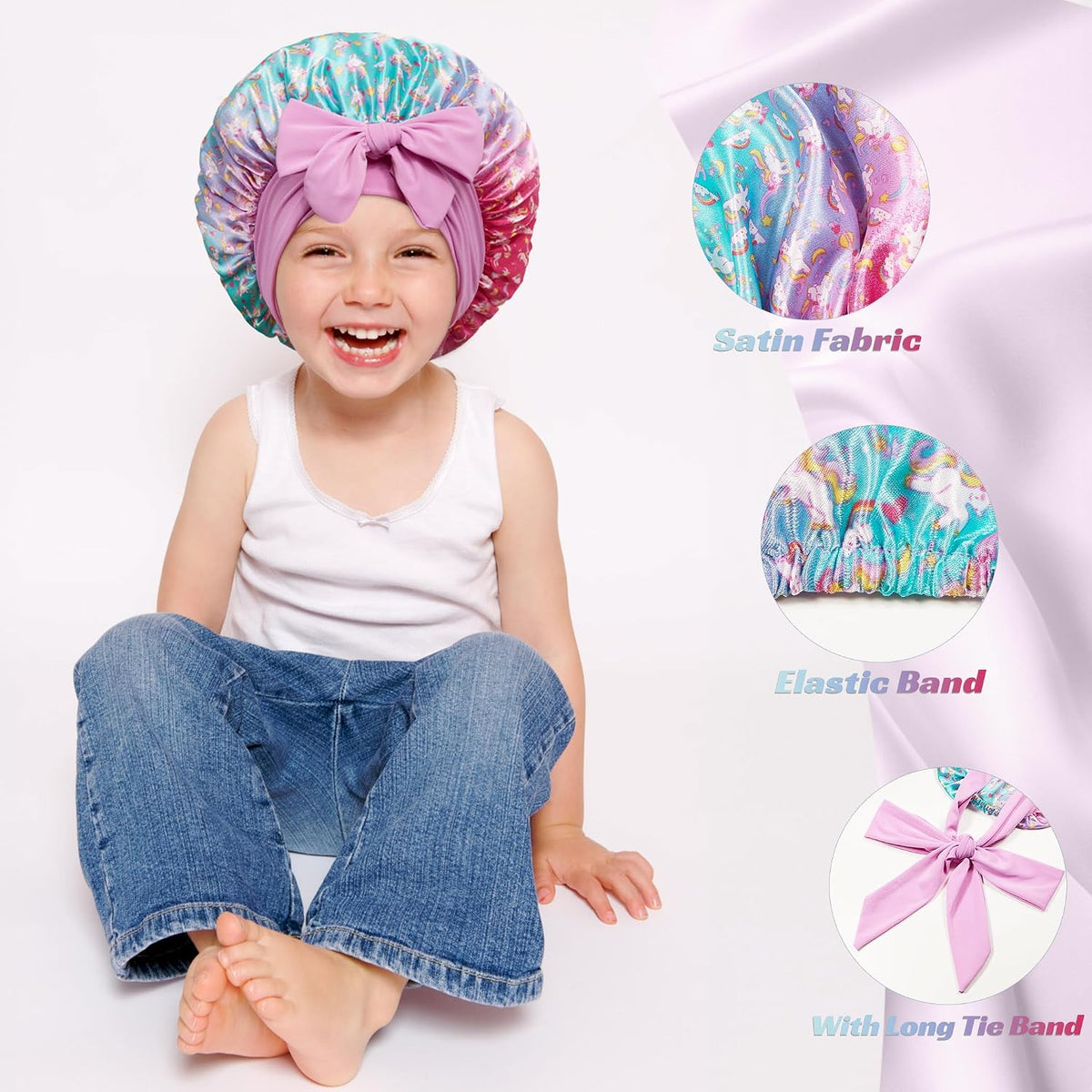 Silk Bonnet for Kids, Satin Hair Bonnet for Sleeping with Tie Band