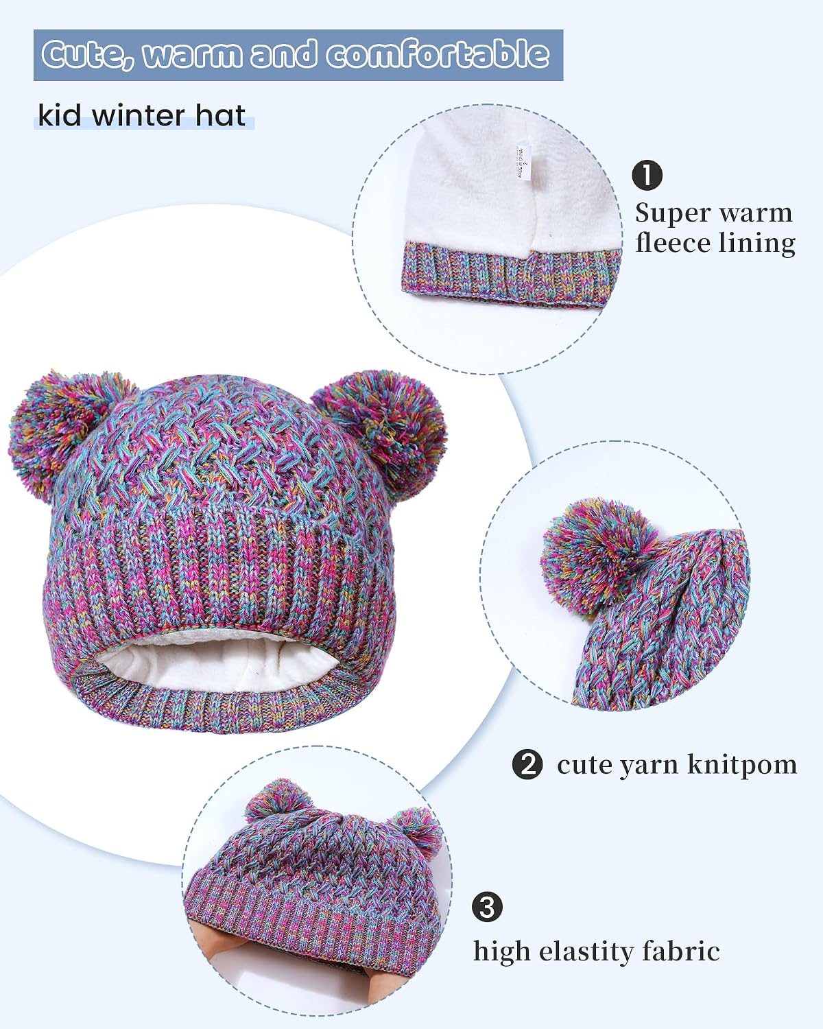 Girls Winter Set,Kids 2-14 Beanie Cap Pom Neck Warmer Gaiter Fleece Lined