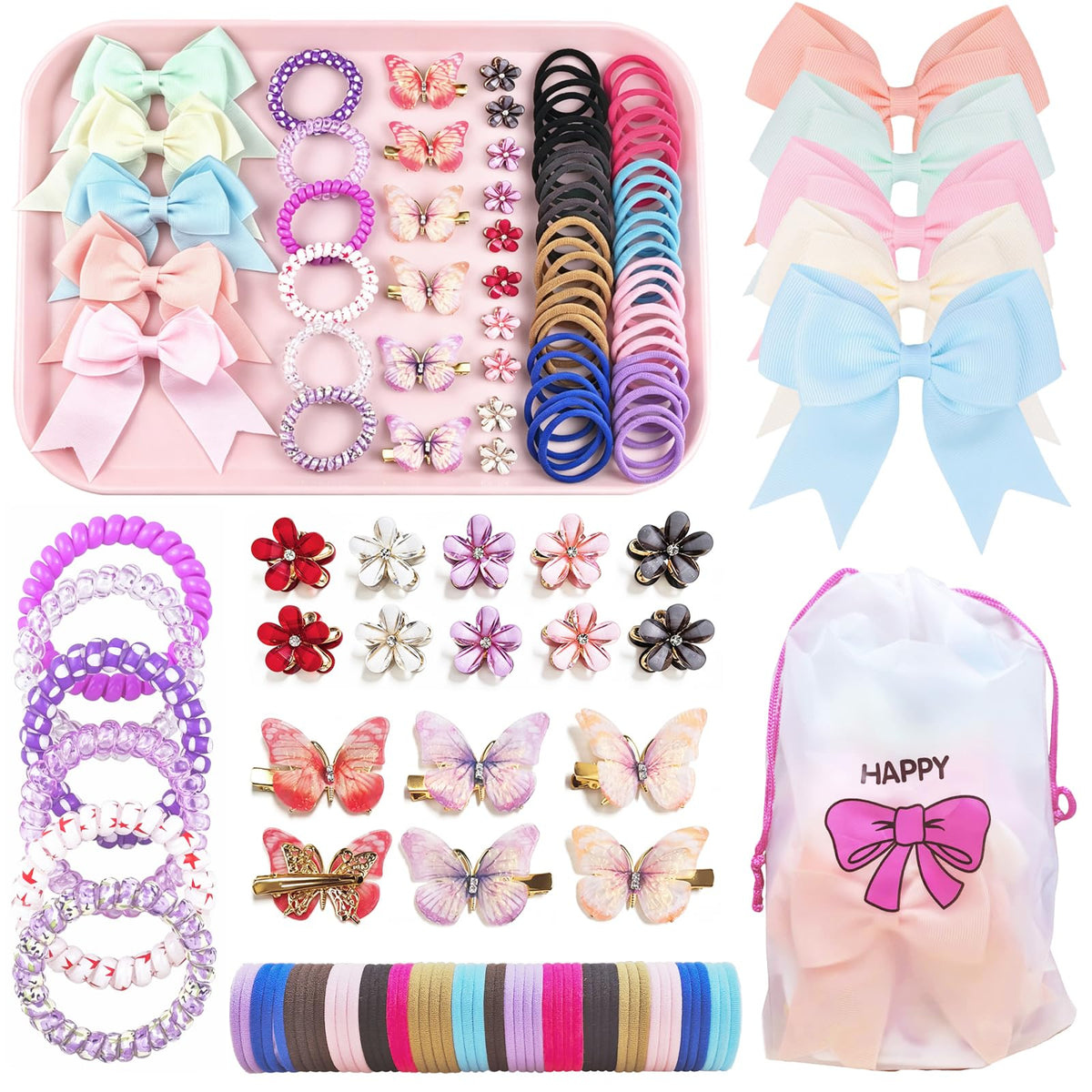 76Pcs Pink Little Girls Hair Accessories Set with Elastic Hair Ties Clips