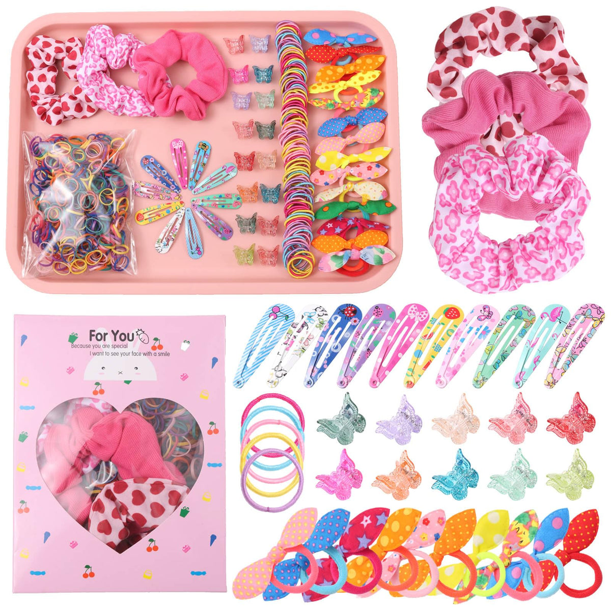 Rosvia Hair Accessories Set for Girls,Toddler Colorful Elastic Hair Ties with Gift Box 505PCS, Cute Rabbit Ear Hair Ties, Mini Flower Claw Clips and Butterfly Hair Clips,Satin Silk Scrunchies