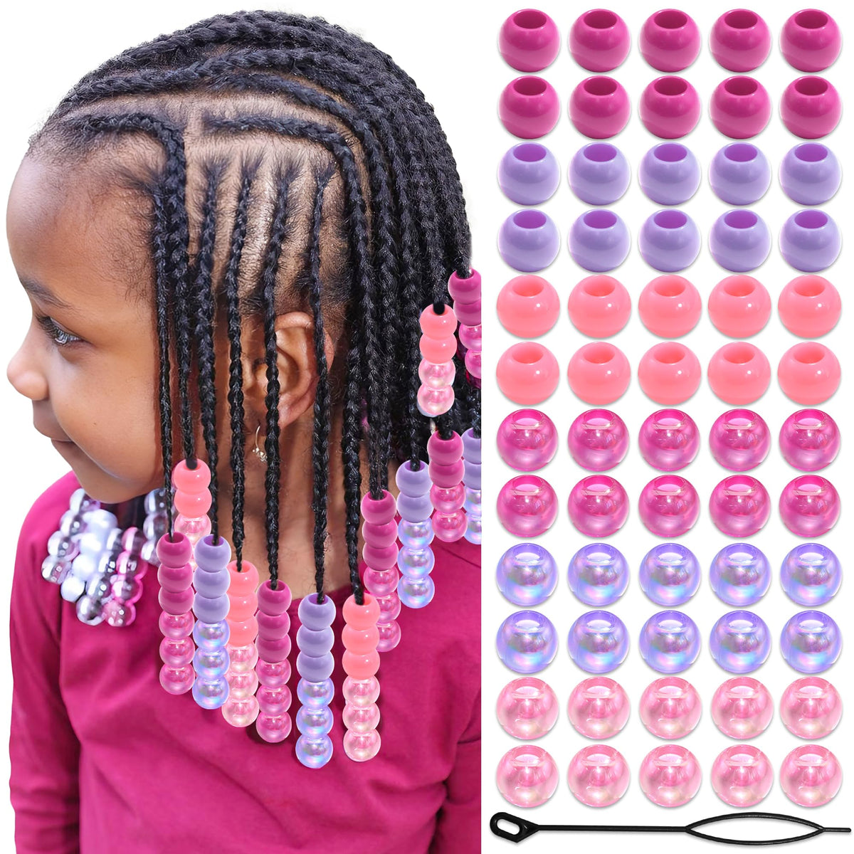 NAISKA 60PCS Blue Pink Hair Beads Purple Beads for Braids Iridescent Mermaid Dreadlock Pony Bead 3 Colors Loc Jewelry Summer Hair Accessories for Kids Girls