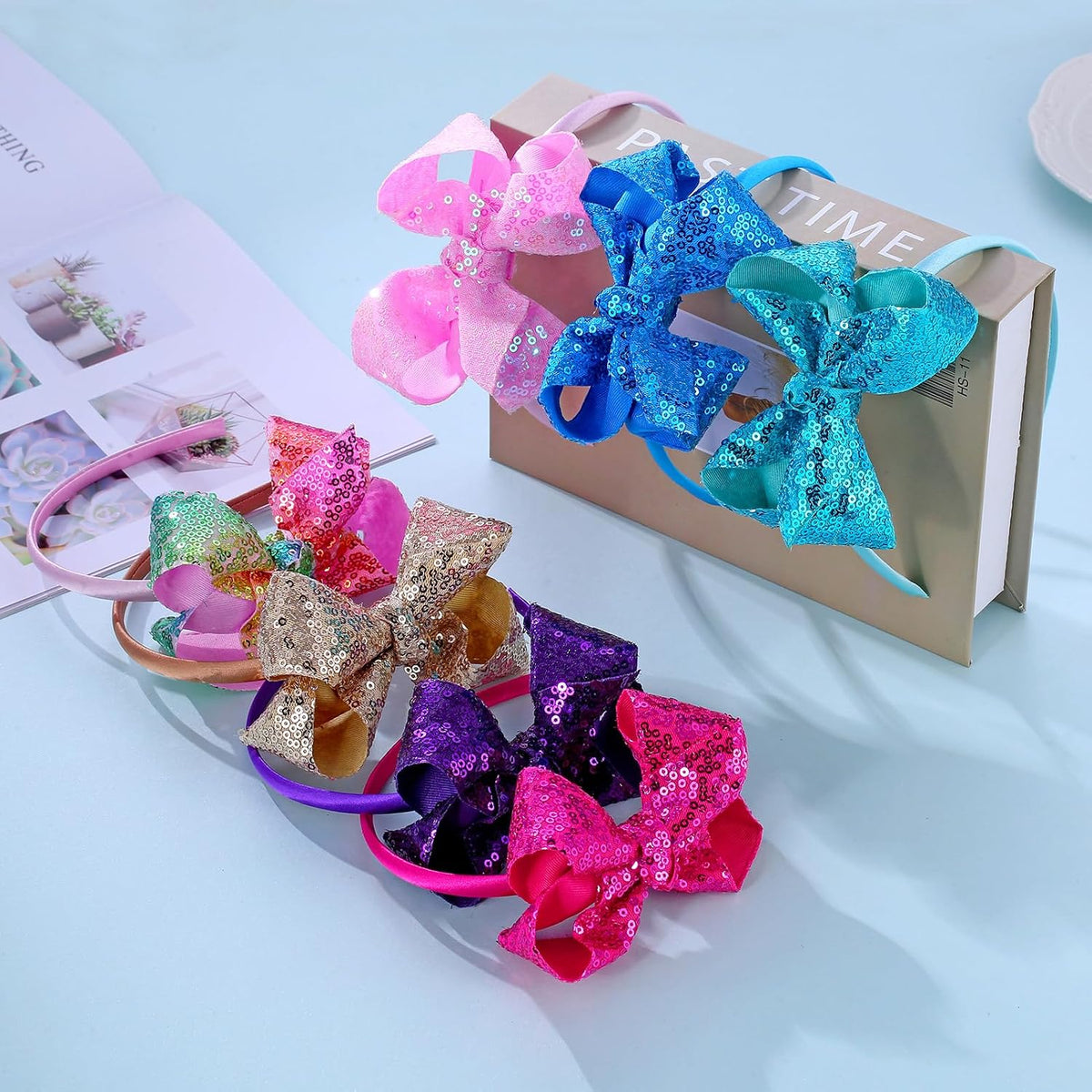Sparkle Glitter Sequin Bow Headband for Children Girls- Boutique Style Hair Accessory with Bow Ribbon - 1 Piece (Hot Pink)