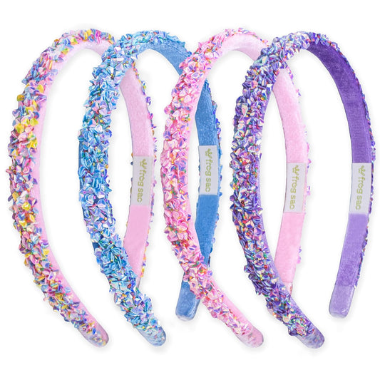 FROG SAC 4 Thin Headbands for Girls - Sequin Headband Set for Kids, Sprinkle Hair Bands for Children, Cute Sparkly Glitter Girl Non Slip Headband, Toddler Hair Accessories (Multicolor Sequin, Kids)