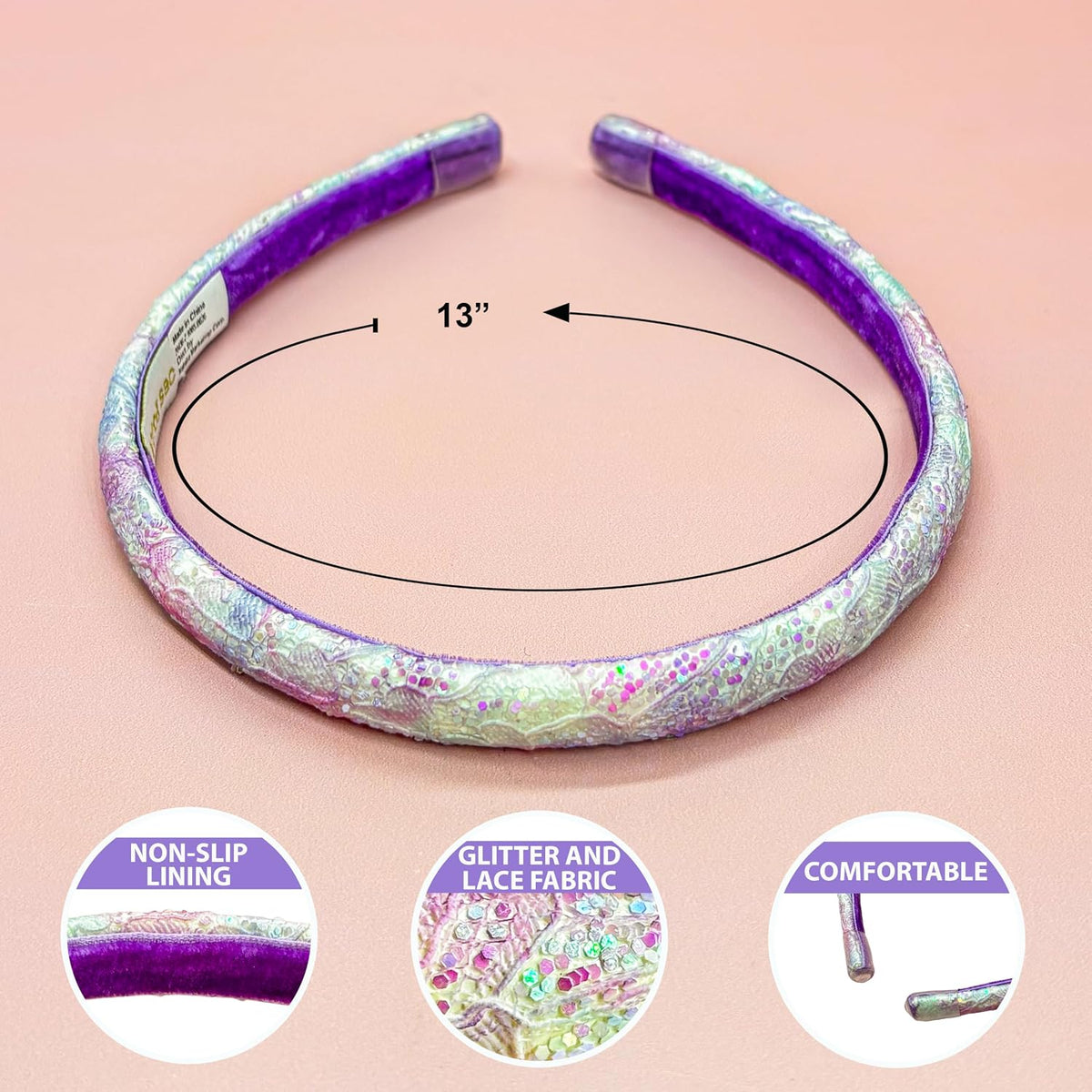 FROG SAC 4 Headbands for Girls, Thin Head Bands for Kids, Glitter Lace Hair Bands for Children, Little Girl Headband Pack (Glitter Lace)