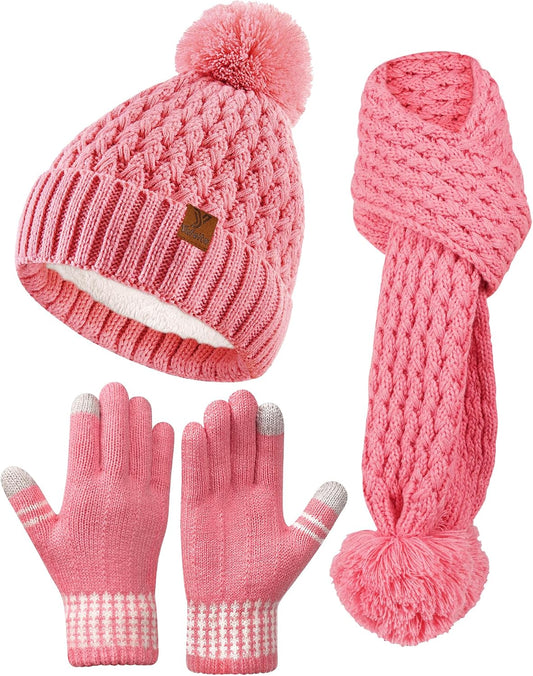 Kids Winter Hat Gloves Scarf Set, Girls Boys Toddler Winter Hat Beanie Pom Knitted Scarves Mittens Fleece Lined Age 5-12