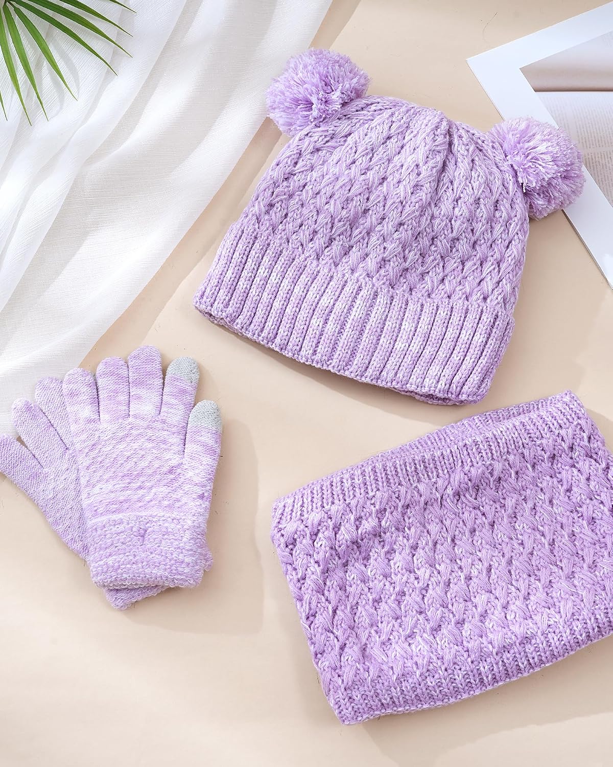 Girls Winter Set,Kids 2-14 Beanie Cap Pom Neck Warmer Gaiter Fleece Lined