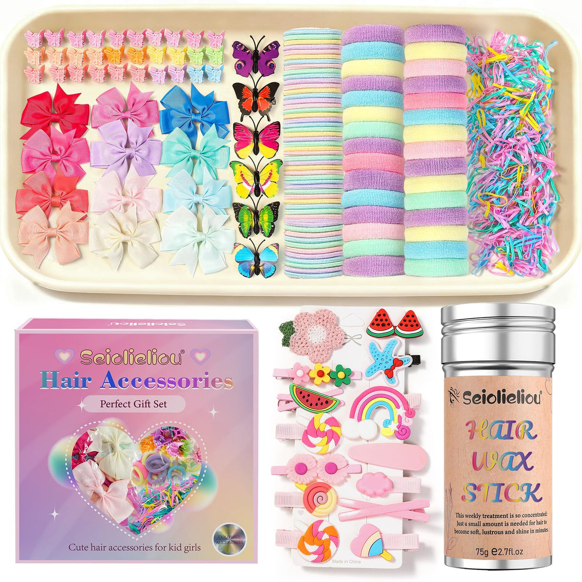 Hair Accessories for Girls, 1350P Colorful Hair Ties with 72P Hair Clips