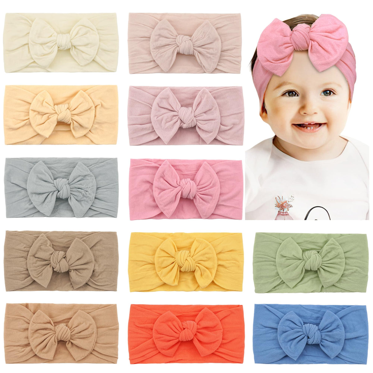 CÉLLOT 20 Colors Super Stretchy Soft Knot Baby Girl Headbands with Hair Bows Nylon Head Wrap For Newborn Baby Girls Infants Toddlers Kids