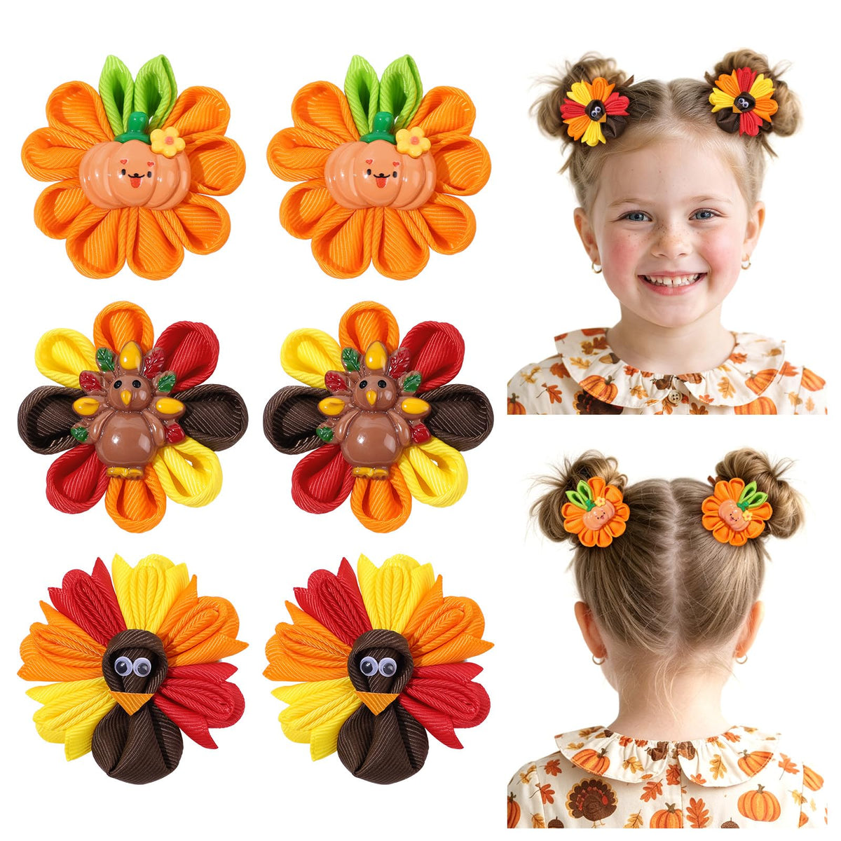 6PCS Halloween Hair Bows for Girls, Pumpkin Ghost Flower Hair Clips