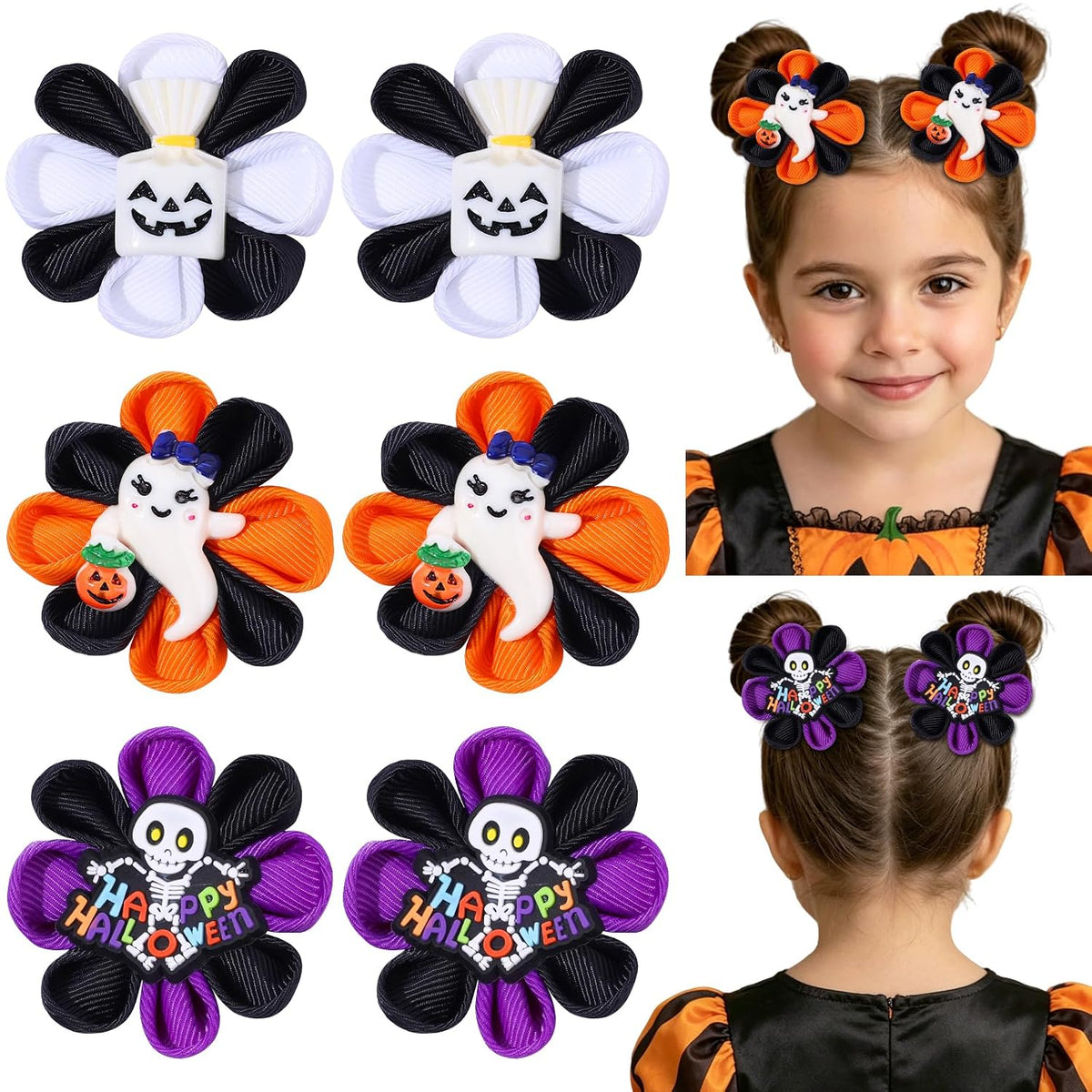 6PCS Halloween Hair Bows for Girls, Pumpkin Ghost Flower Hair Clips