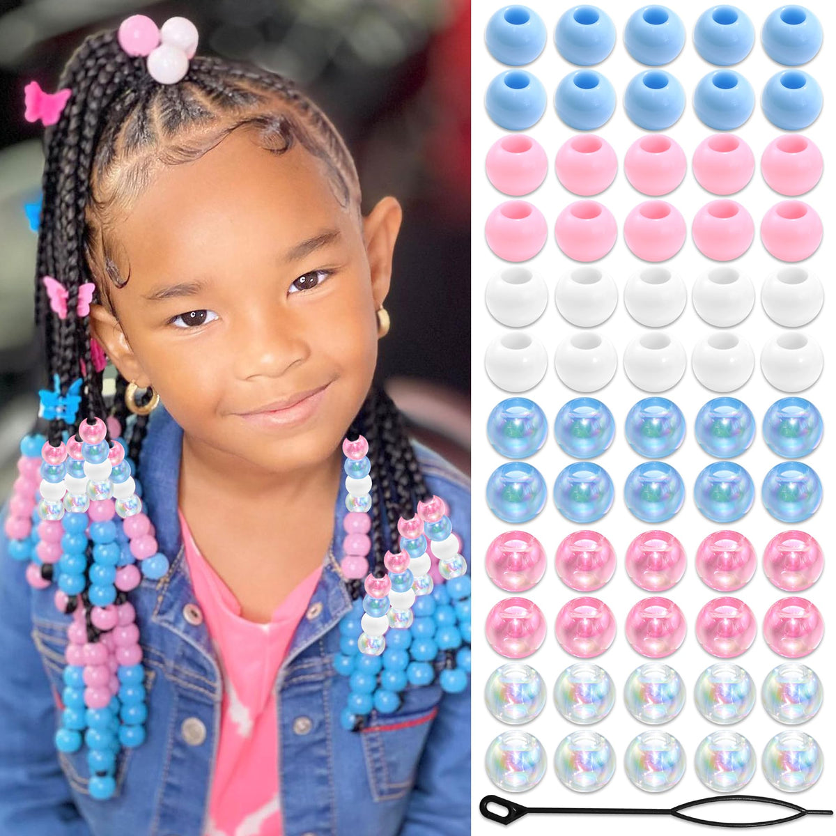 NAISKA 60PCS Blue Pink Hair Beads Purple Beads for Braids Iridescent Mermaid Dreadlock Pony Bead 3 Colors Loc Jewelry Summer Hair Accessories for Kids Girls