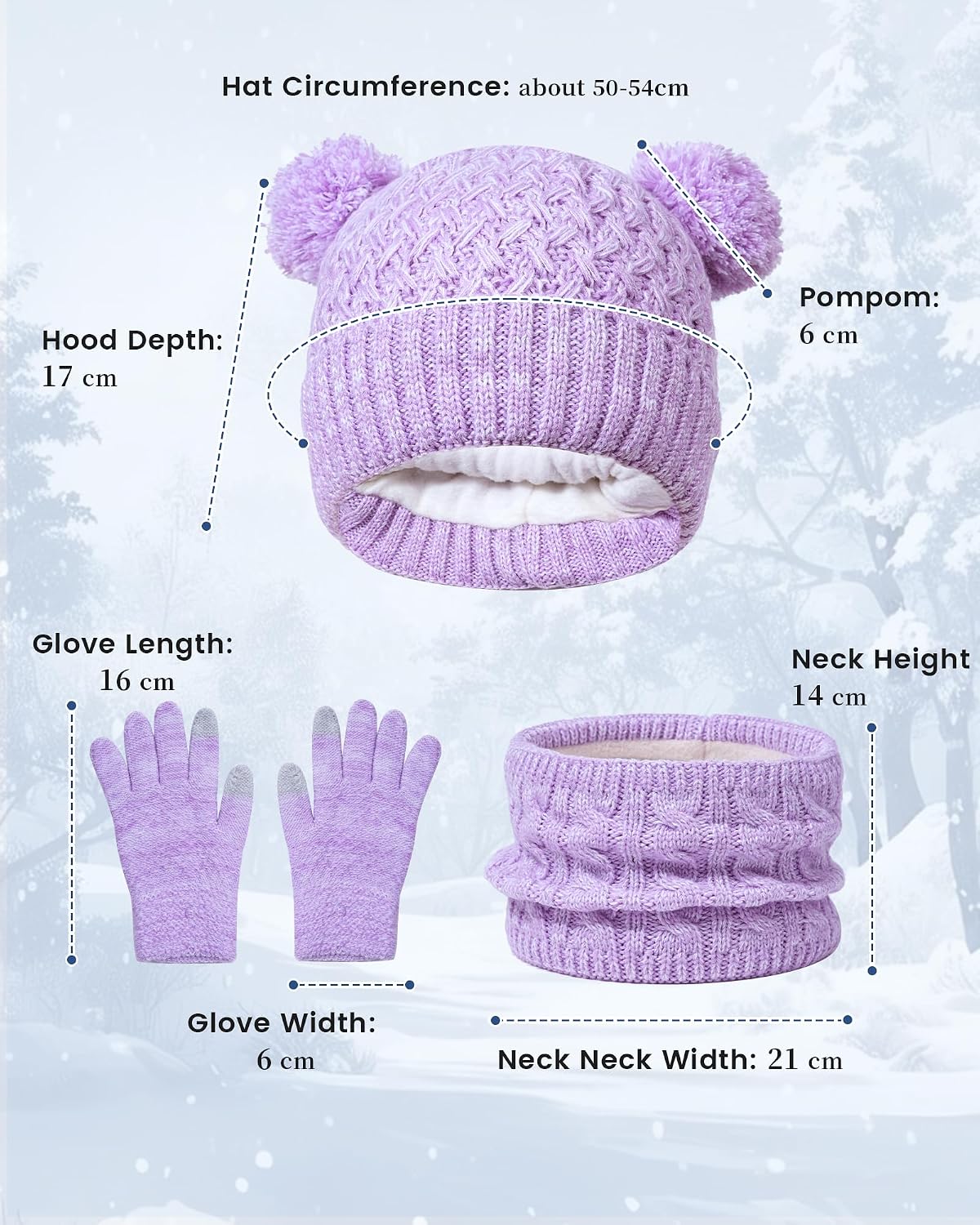 Girls Winter Set,Kids 2-14 Beanie Cap Pom Neck Warmer Gaiter Fleece Lined