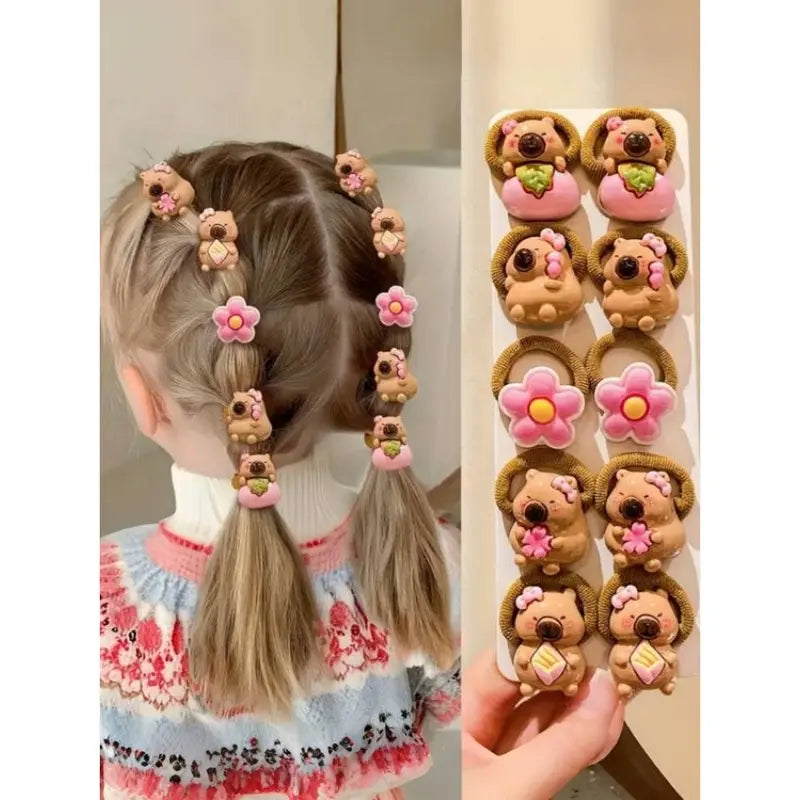 Capybara Animal Faces Hair Ties Pack, 10-20 Pcs Cute Soft High-Stretch Non-Damaging Colorful Elastic Cute Hair Accessories for Girls, Year-Round Daily Wear & Styling
