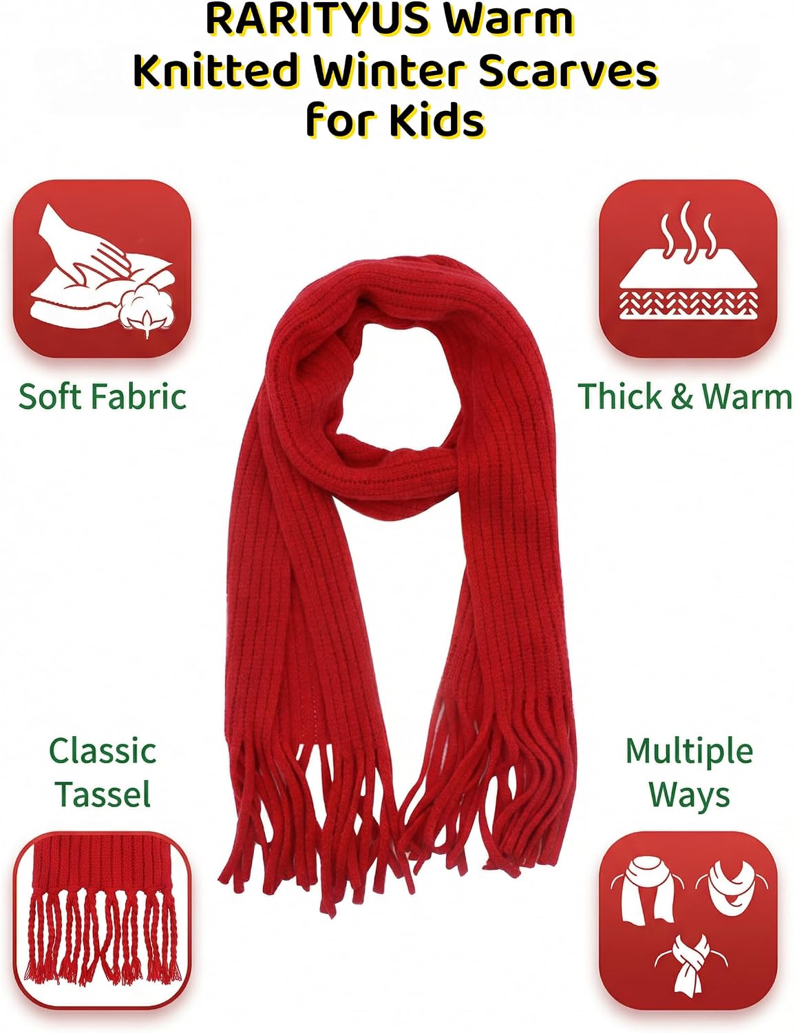RARITYUS Kids Winter Knit Scarf Soft Warm Tassel Long Scarf for Boys Girls