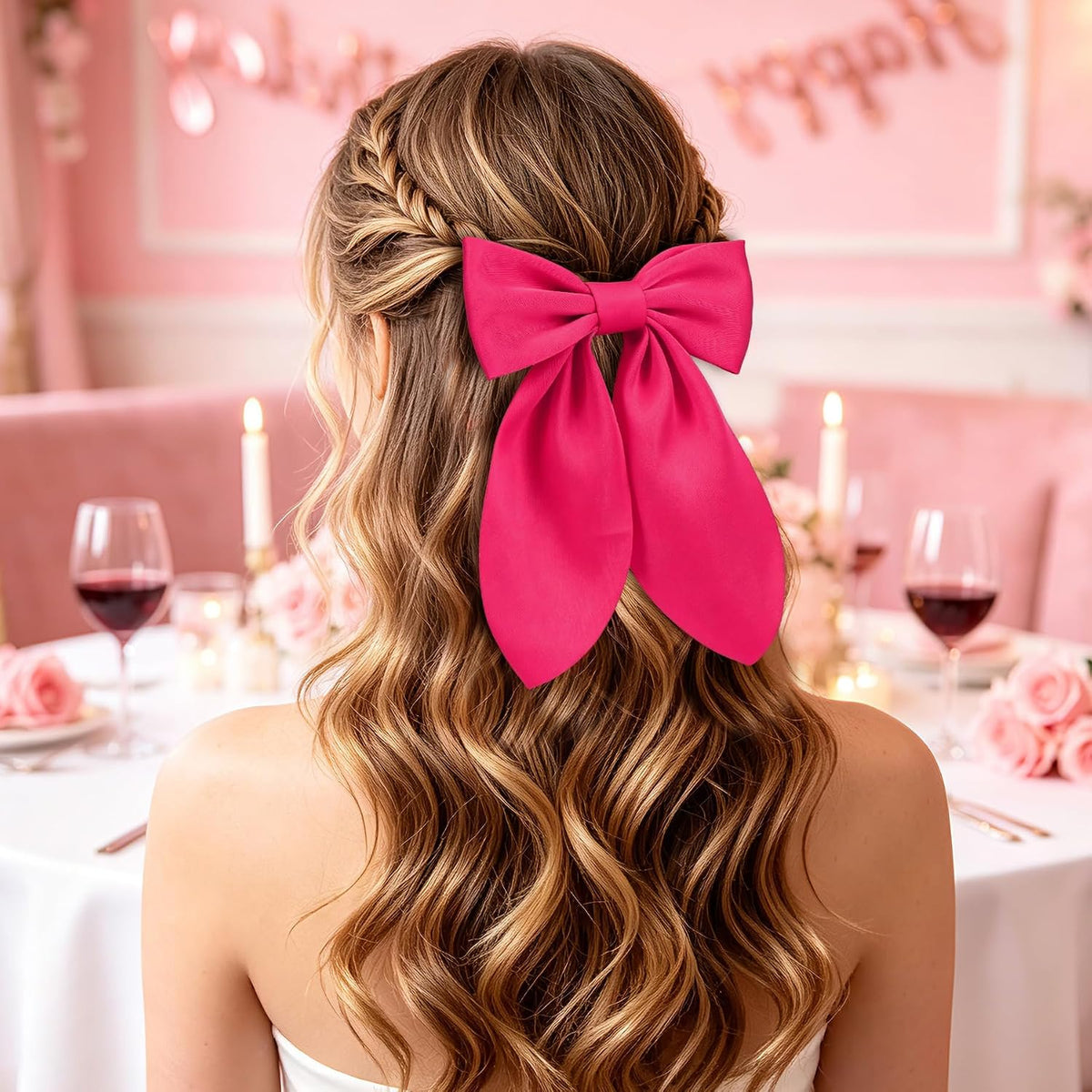 Bow Hair Clips for Women, 6Pcs Pink Hair Bows for Girls, Silky Satin Bows