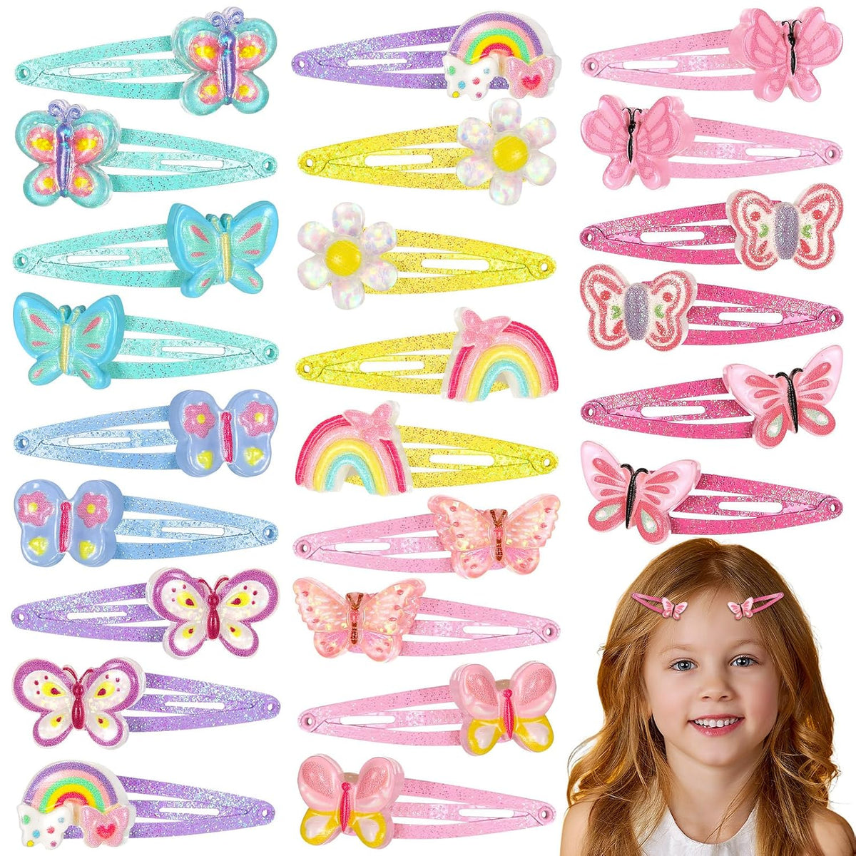 Hanaive 24 Pcs Rainbow Hair Clips for Girls Kids Hair Barrettes, Butterfly