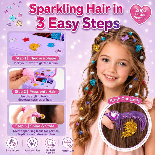 Hair Gem Stamper Kit for Girls Ages 5-12, 200+ Glitter Sequins Hair Styling Kit with Mirror Storage Case & Comb, Hair Accessories Toys, Birthday for Girls Ages 6-8 8-10 10-12