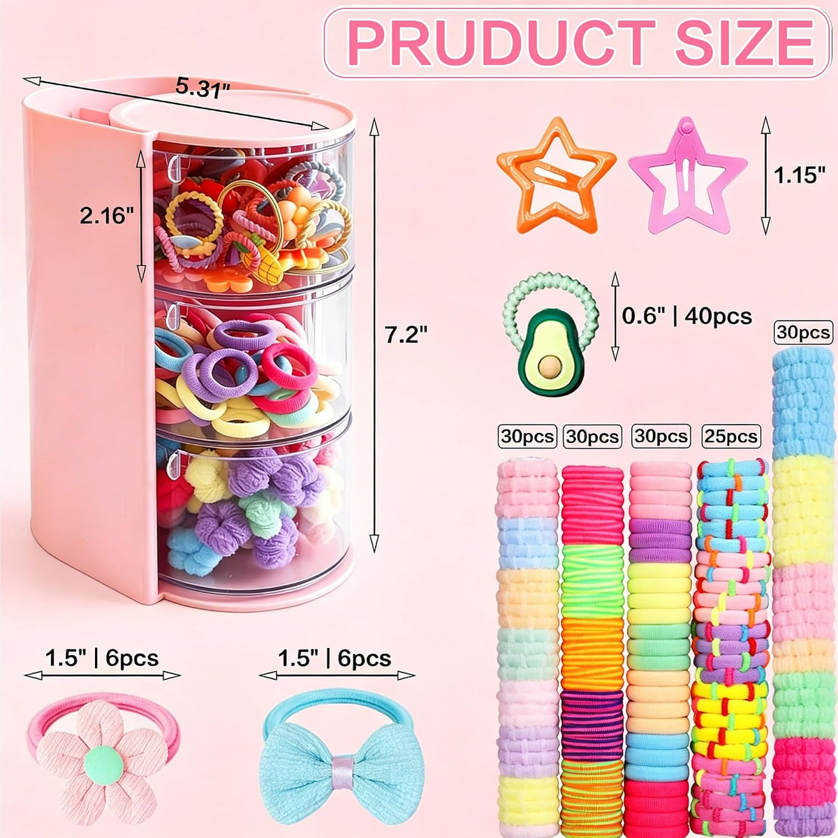 900Pcs Hair Accessories for Girls with 3-Tier Pink Organizers,Ties, Clips