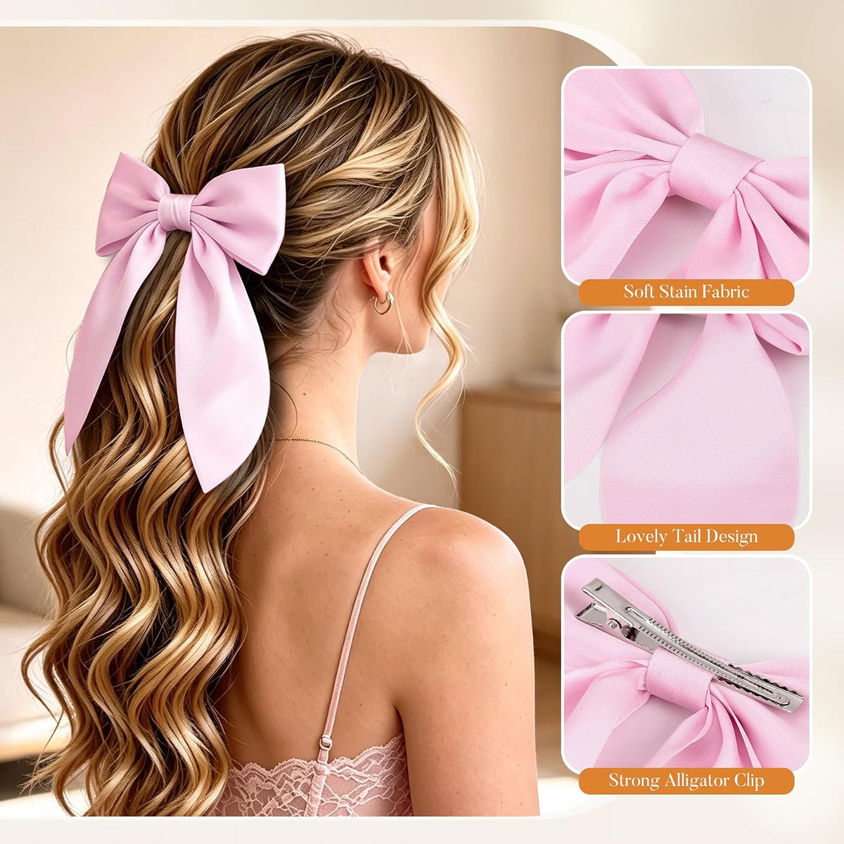 Bow Hair Clips for Women, 6Pcs Pink Hair Bows for Girls, Silky Satin Bows