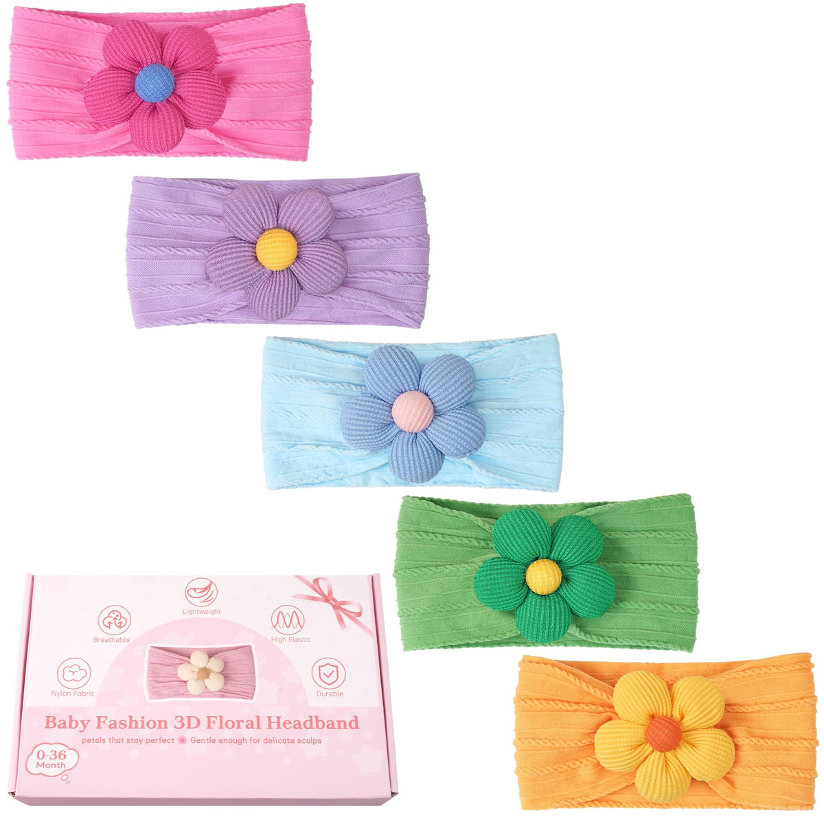 CÉLLOT 5Pcs Baby Flower Headbands Baby Girl Soft Nylon Headband for Newborn