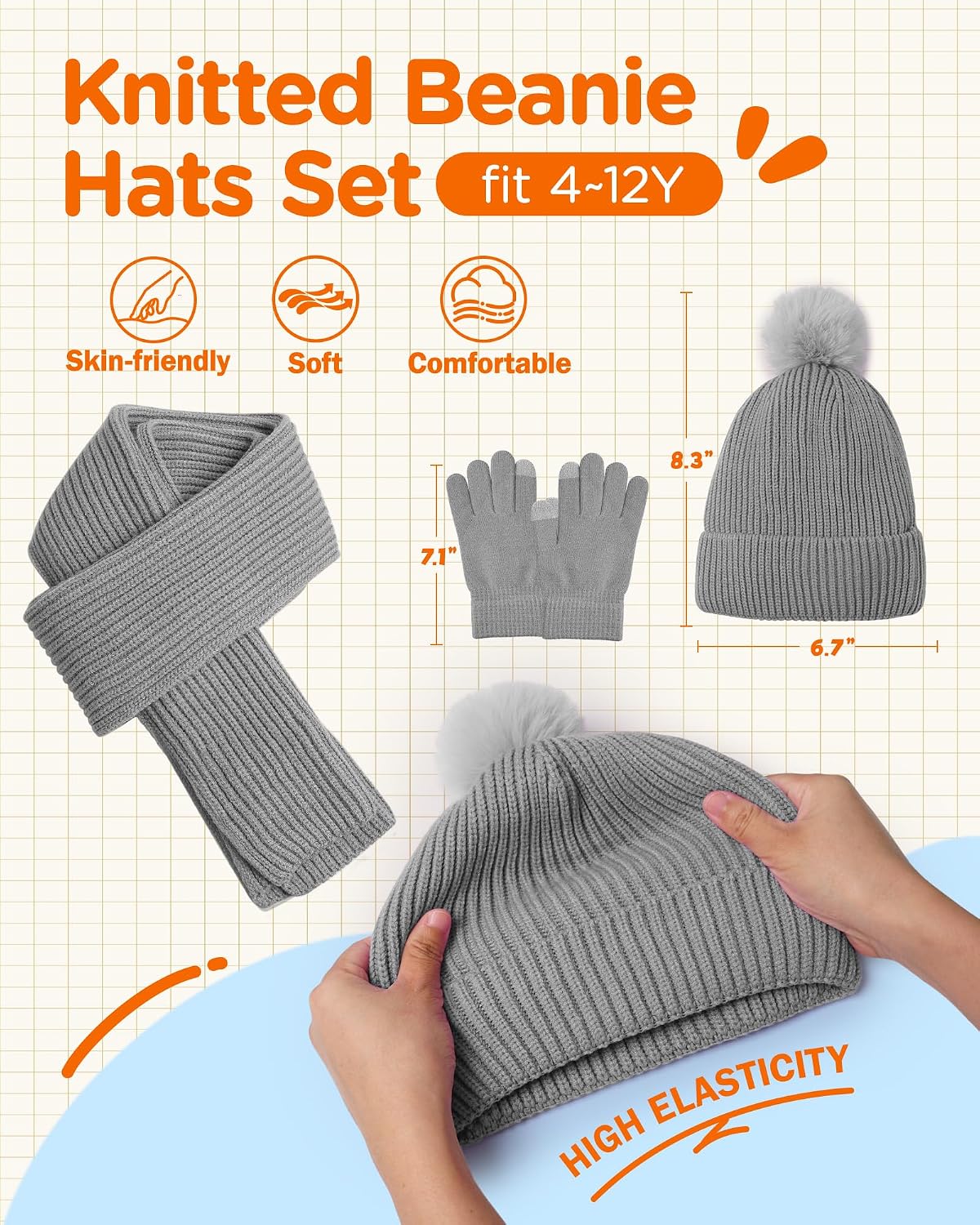 Wandx Kids Winter Hat Gloves Scarf Set Children Pompom Knit Beanie Warm Gloves with Thick Fleece for Boys Girls Ages 4-12