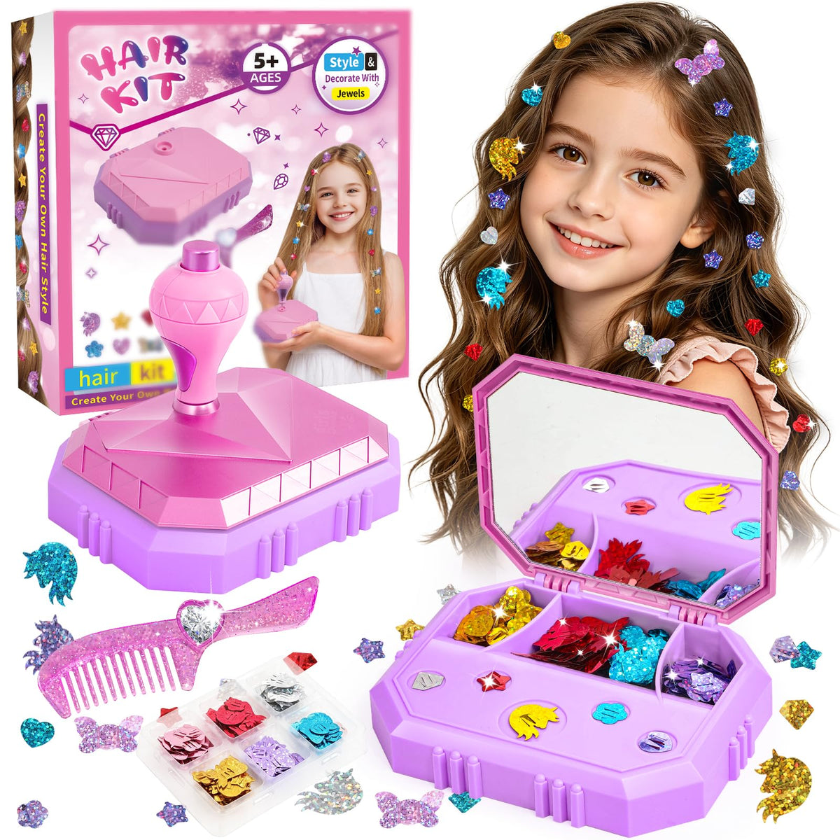 Hair Gem Stamper Kit – Hair Jewelry & Bling Craft Toys for Girls – Sparkling Hair Accessories with Glitter Sequins – DIY Hair Arts Crafts – Birthday Gifts for 5 6 7 8 9 10 11 12 Year Old