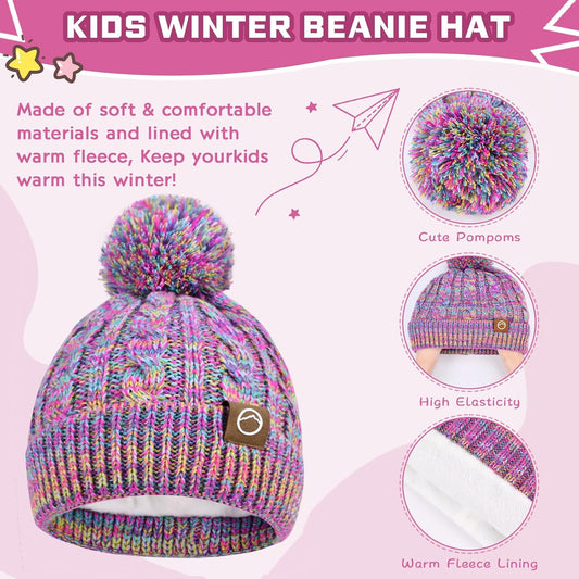 ZOORON Kids Winter Hat Gloves Scarf Set, Girls Boys Hats Beanie with Pom