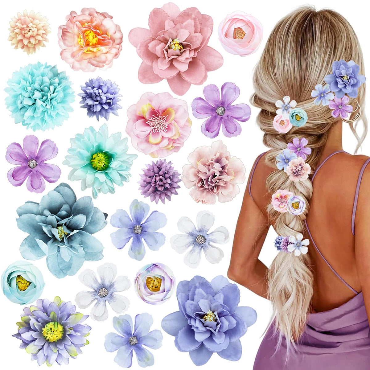 21 PCS Hair Flowers Boho Hair Barrettes Accessories Hawaiian Silk Flower Clips Girls Purple Blue Floral Bride Headpiece Festival(BLUE & PURPLE)