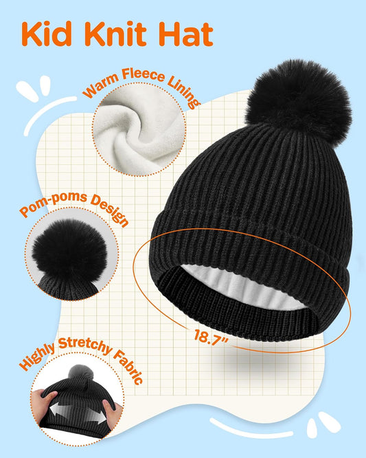 Wandx Kids Winter Hat Gloves Scarf Set Children Pompom Knit Beanie Warm Gloves with Thick Fleece for Boys Girls Ages 4-12
