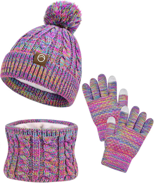 ZOORON Kids Winter Hat Gloves Scarf Set, Girls Boys Hats Beanie with Pom