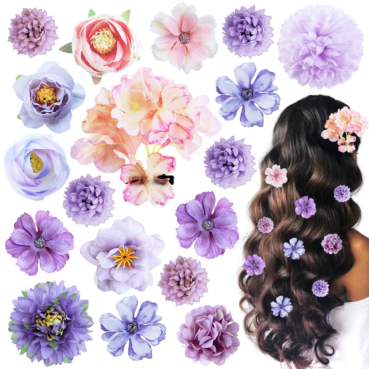 21 PCS Hair Flowers Boho Hair Barrettes Accessories Hawaiian Silk Flower Clips Girls Purple Blue Floral Bride Headpiece Festival(BLUE & PURPLE)