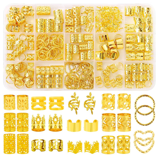 190 Pcs Gold Hair Jewelry for Braids & Dreadlocks - Loc Jewelry with Ring Cuffs, Clips, Charms & Decorations for Men, Women & Girls