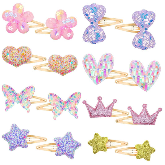 Gingbiss Hair Clips Set: 16 Sparkly Metal Snap Barrettes for Girls, Flower/Star/Crown/Heart/Butterfly Shaped Styling Accessories