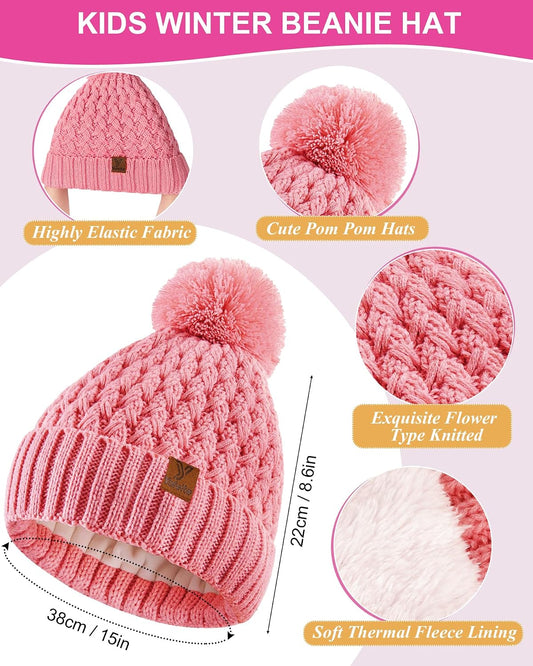 Kids Winter Hat Gloves Scarf Set, Girls Boys Toddler Winter Hat Beanie Pom Knitted Scarves Mittens Fleece Lined Age 5-12